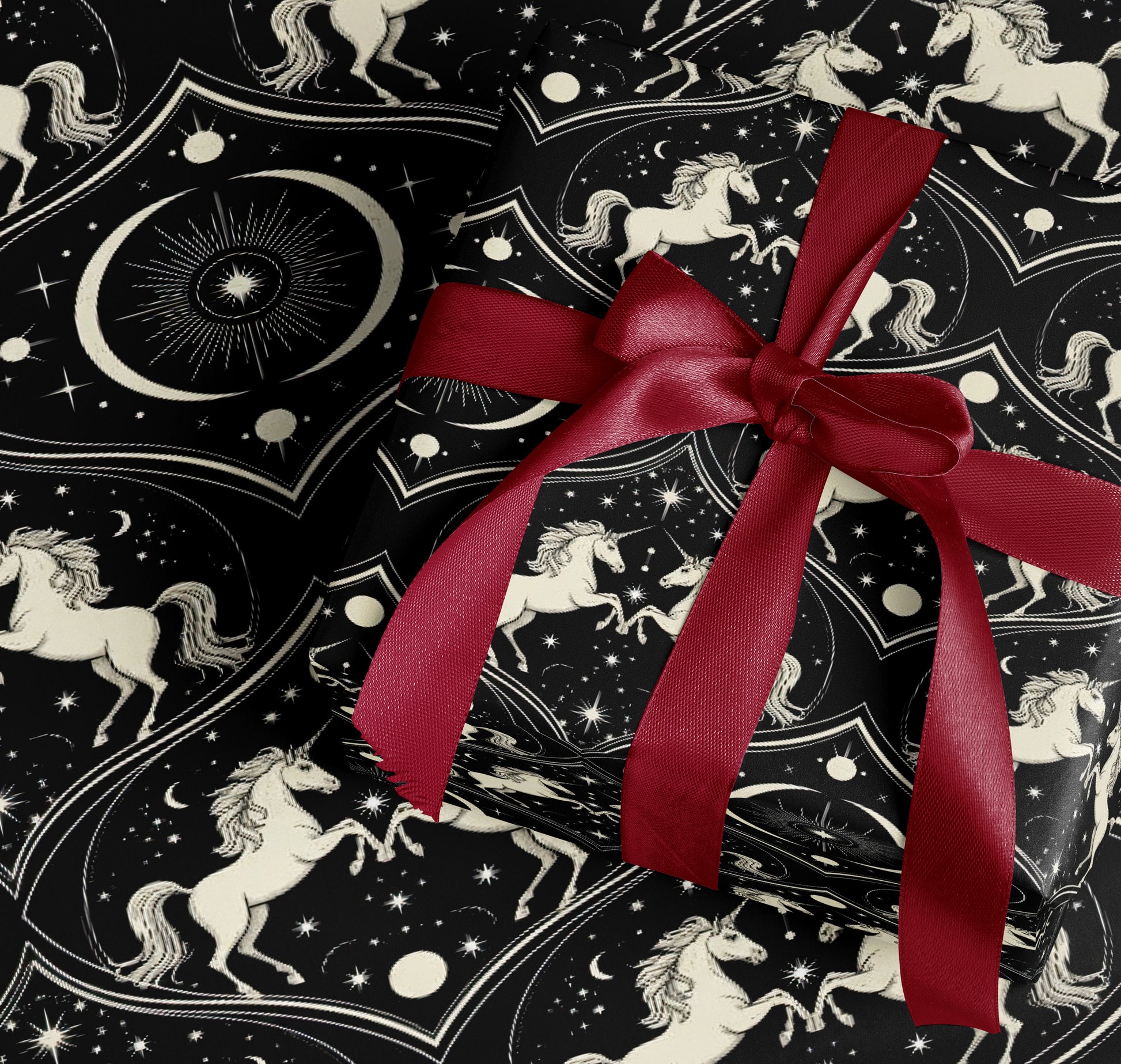 Enchanting Black and White Unicorn Gift Wrap Sheets