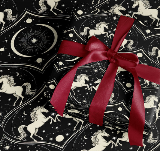 Enchanting Black and White Unicorn Gift Wrap Sheets