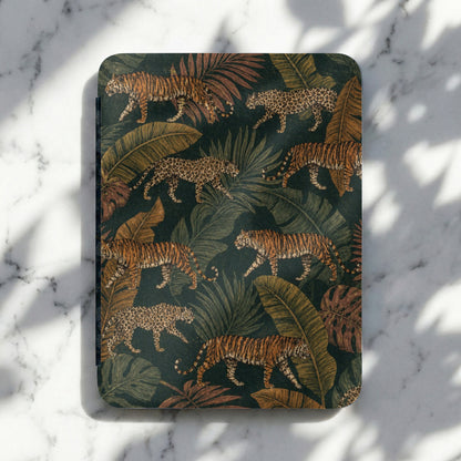 Journal with a dark green tropical print featuring tigers and leopards.