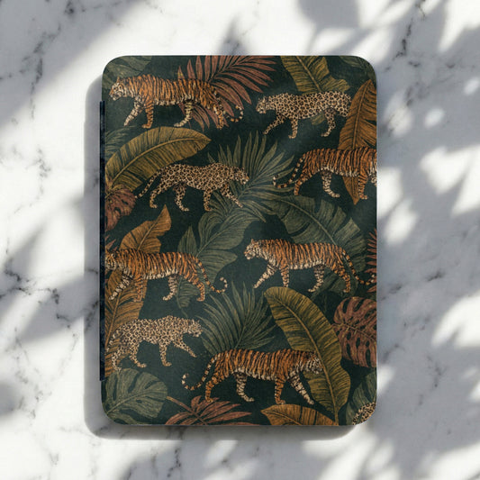 Journal with a dark green tropical print featuring tigers and leopards.