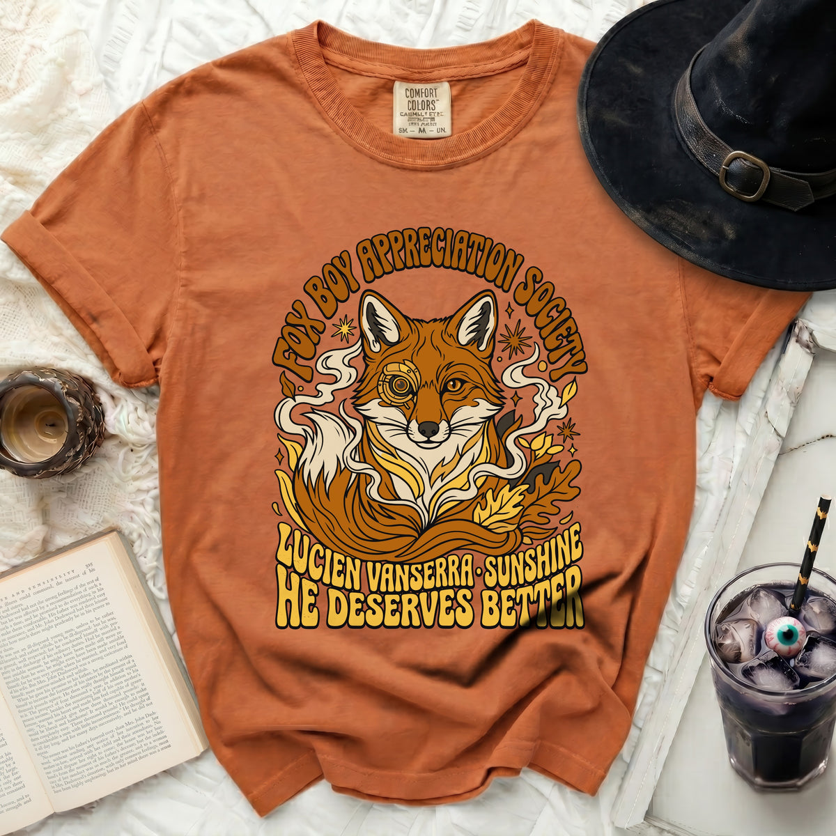 Orange t-shirt with fox graphic and text "Fox Boy Appreciation Society".