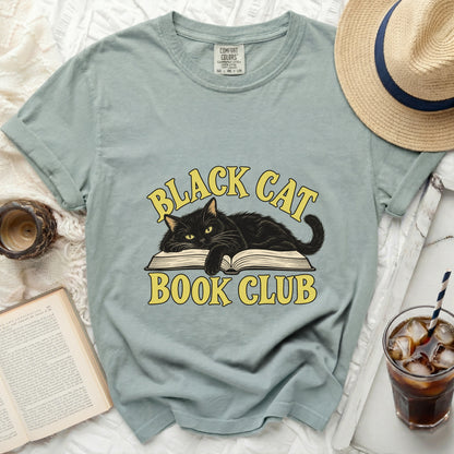 Light blue t-shirt with black cat and "Black Cat Book Club" text.