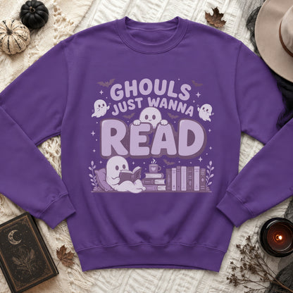 Purple sweatshirt with ghosts reading books and "Ghouls Just Wanna Read" text.