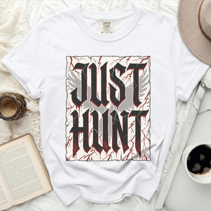 White t-shirt with gothic "JUST HUNT" text and winged design.