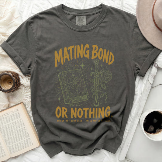 T-shirt with "Mating Bond or Nothing" text, book, sword, and rose.