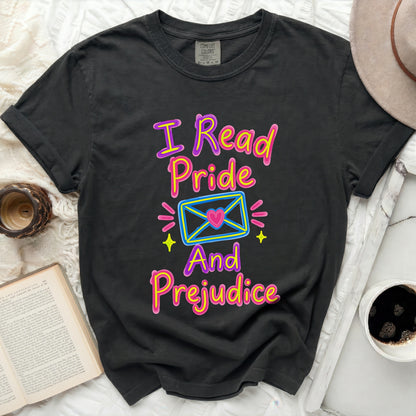 Black t-shirt with "I Read Pride And Prejudice" slogan and envelope graphic.