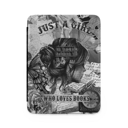 Collage of a woman's head containing books, with text "Just A Girl" and "Who Loves Books".