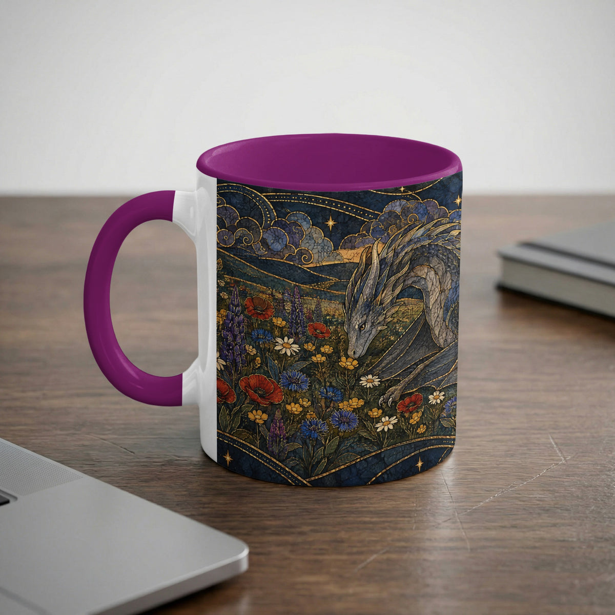 A white mug with a purple handle and interior rim features a mosaic illustration of a dragon in a field of flowers.