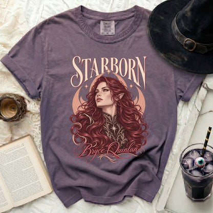 Purple t-shirt with "Starborn Bryce Quinlan" illustration of a woman with red hair.