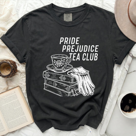 Black t-shirt with "Pride Prejudice Tea Club" text and book illustration.