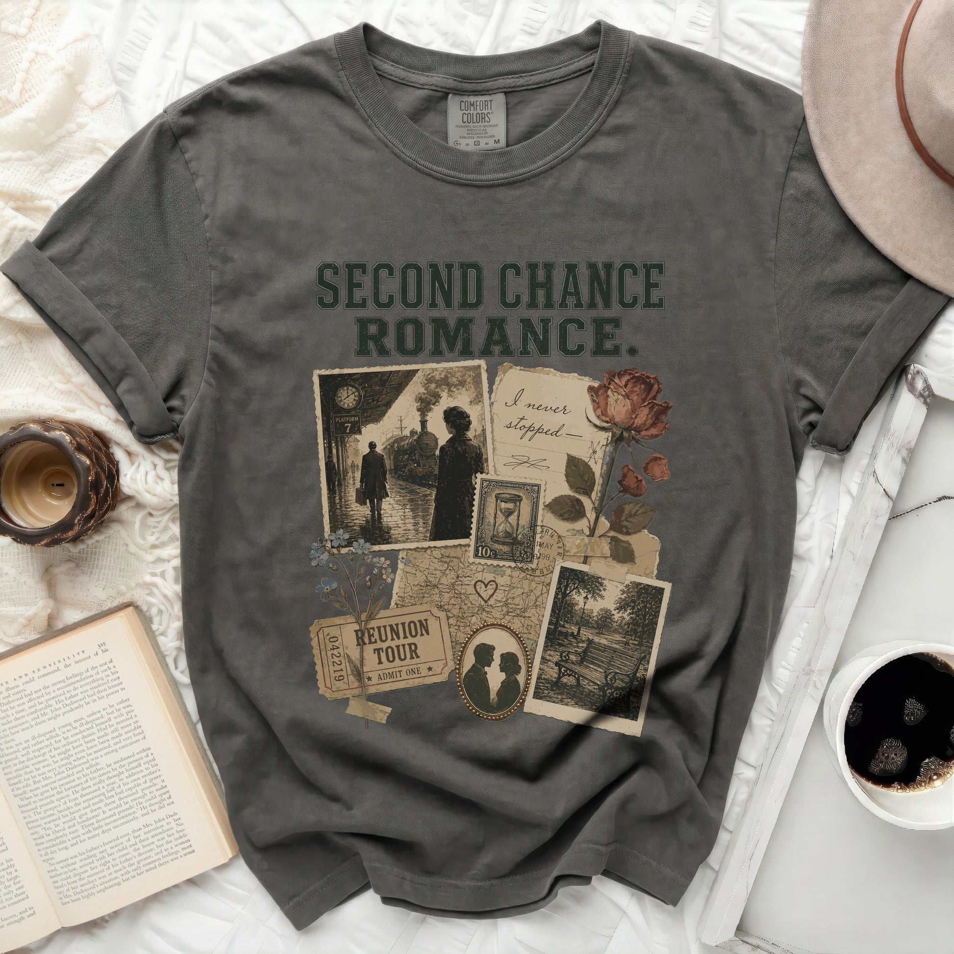 Dark grey t-shirt with "Second Chance Romance" collage design.