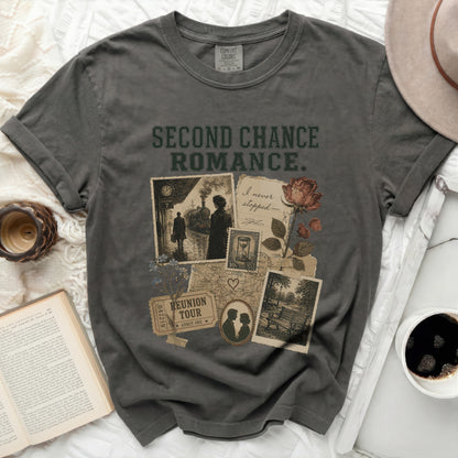 Dark grey t-shirt with "Second Chance Romance" collage design.