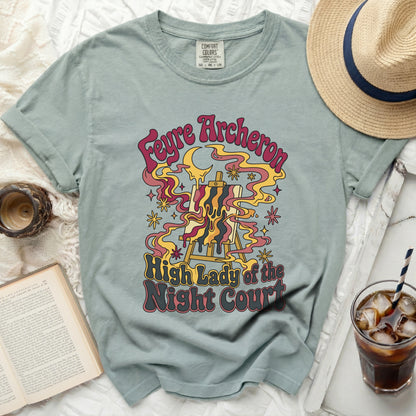 Green t-shirt with "Feyre Archerson High Lady of the Night Court" graphic.
