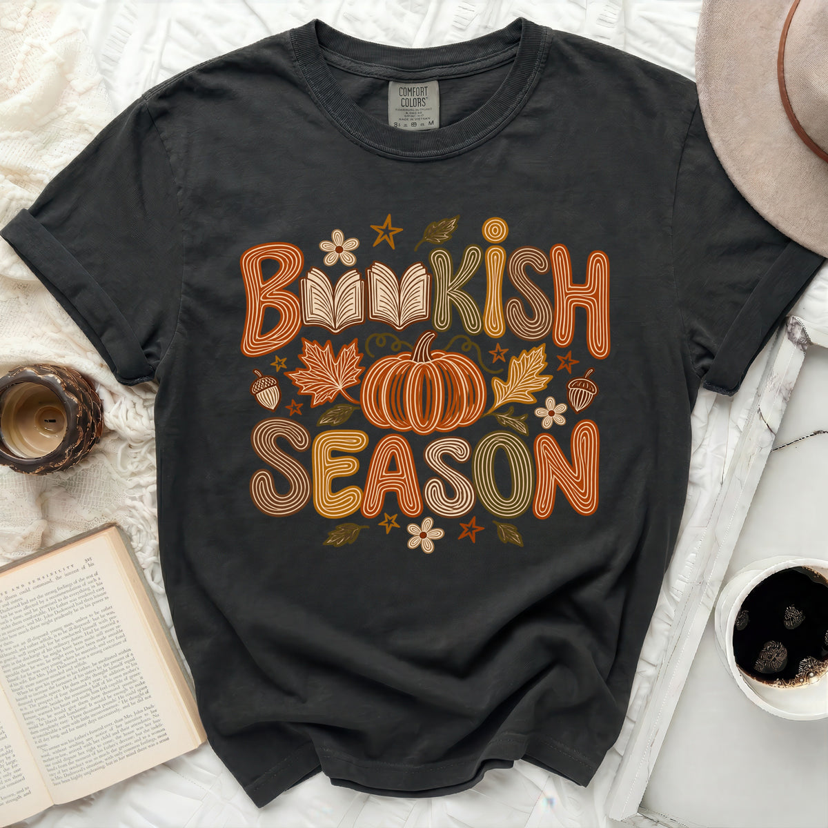 Dark grey t-shirt with "Bookish Season" text, pumpkin, and fall leaves graphic.