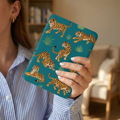 Teal tablet case with a repeating pattern of tigers and green foliage.