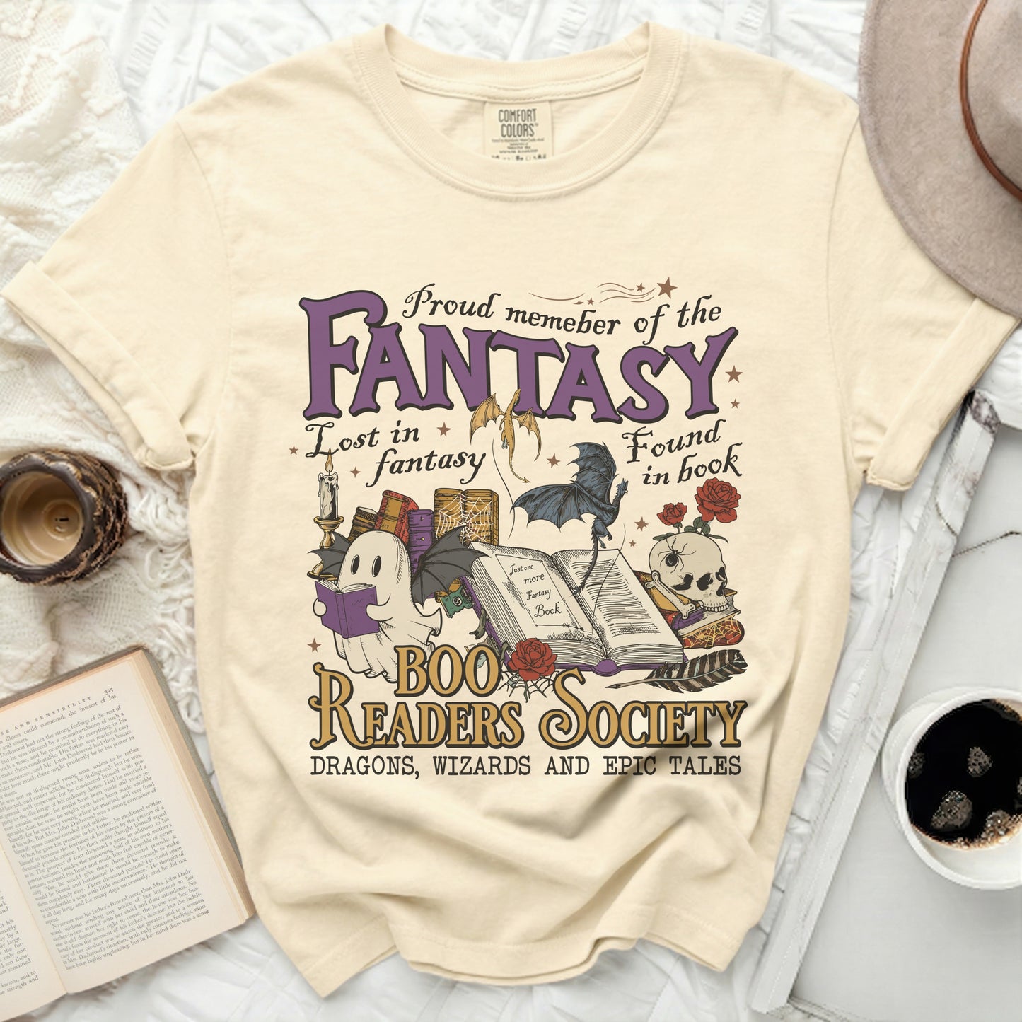 Proud member of the Fantasy Book Readers Society with fantasy creatures and skulls.