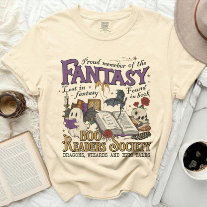 Proud member of the Fantasy Book Readers Society with fantasy creatures and skulls.