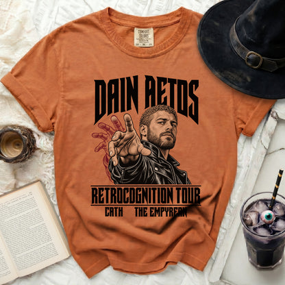 Orange t-shirt with Dain Aetos "Retrognition Tour" graphic.