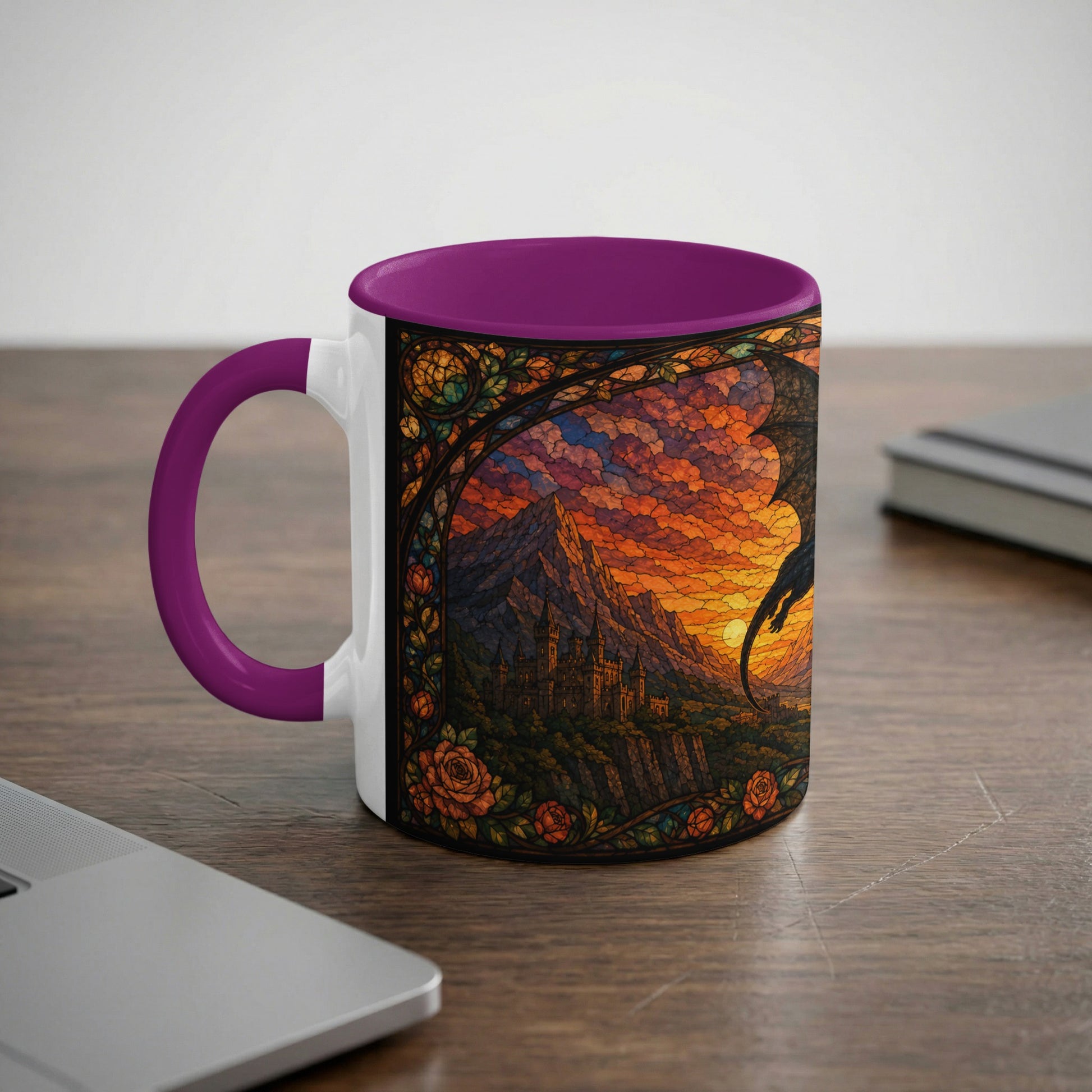 Mug with purple handle and interior featuring a stained-glass dragon overlooking a castle at sunset.