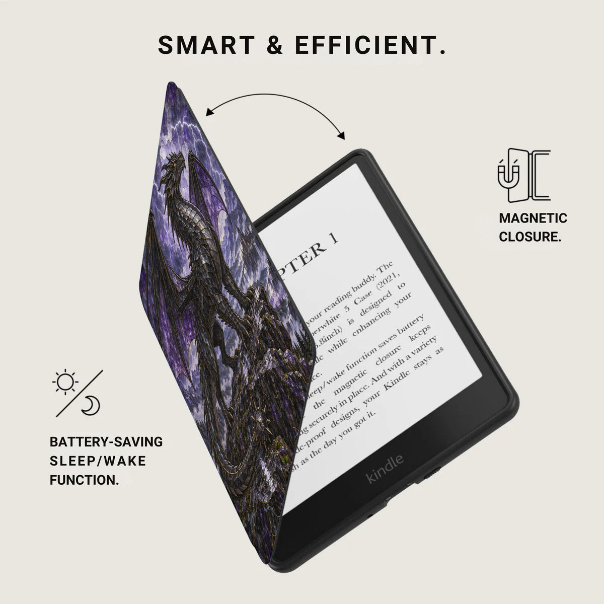 Kindle e-reader with dragon-themed case open to "CHAPTER 1" text.