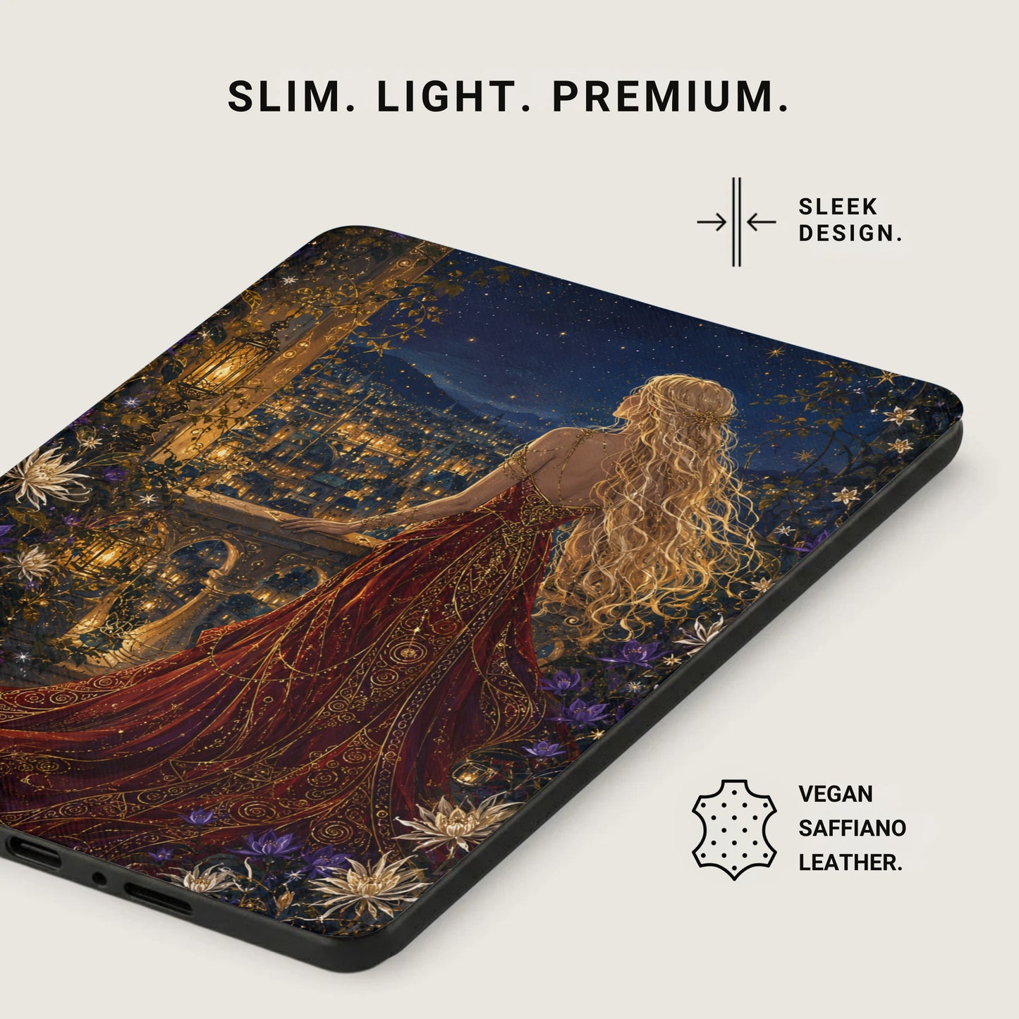 Case with elegant design of a woman in a starry city at night.