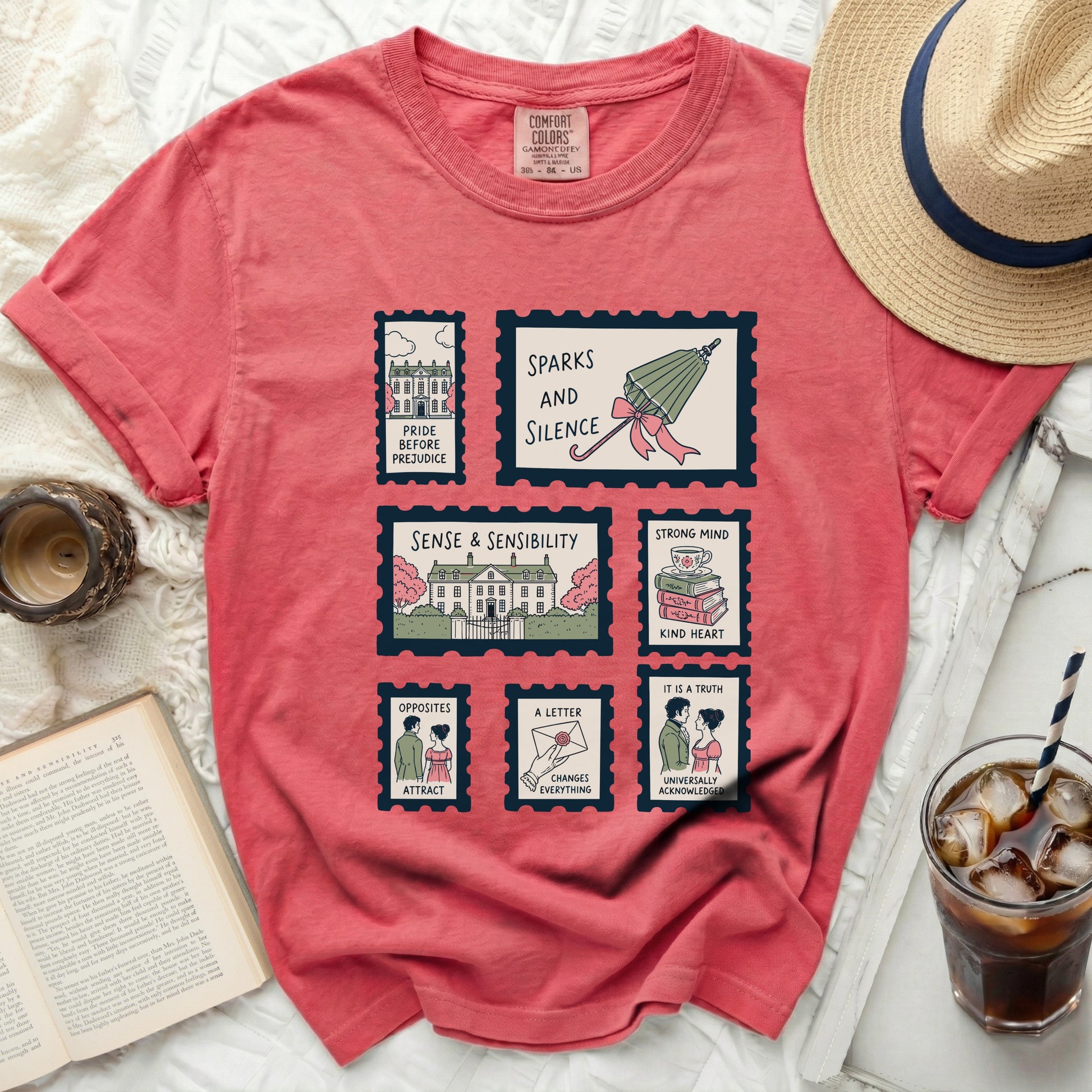 Coral Comfort Colors tee with "Pride and Prejudice" stamp graphics.