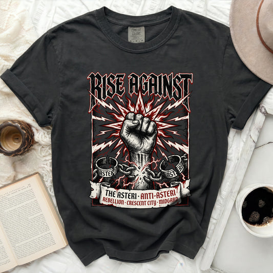 Black t-shirt with "Rise Against" logo, fist, and rebel text.