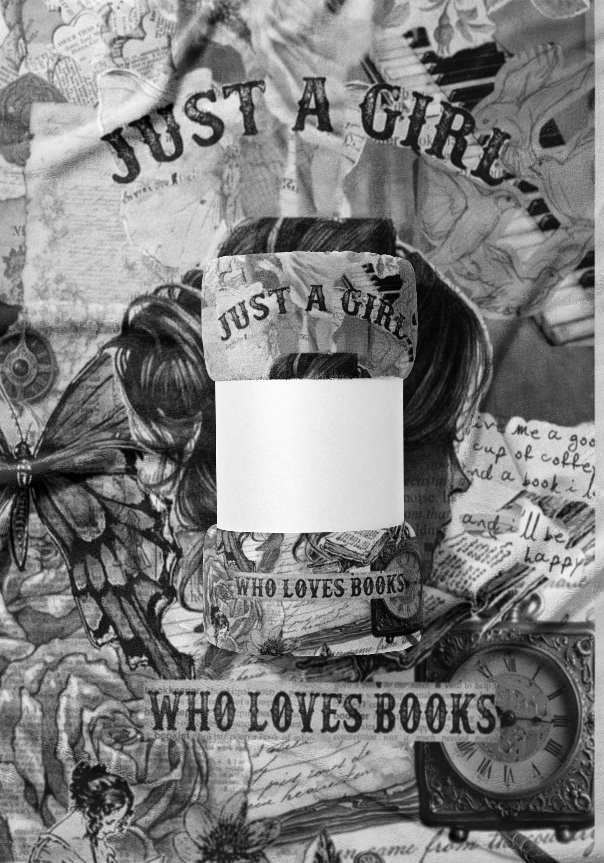 Collage of butterflies, women, clocks, and text reading "JUST A GIRL" and "WHO LOVES BOOKS".