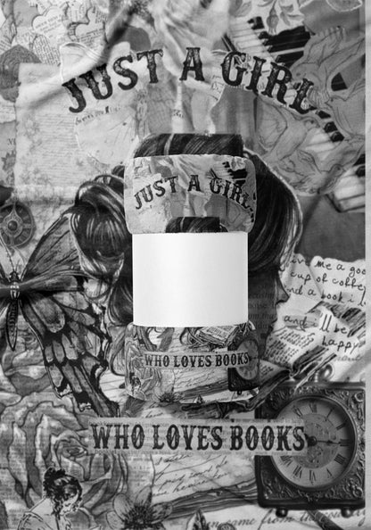 Collage of butterflies, women, clocks, and text reading "JUST A GIRL" and "WHO LOVES BOOKS".
