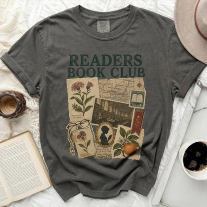 Dark grey t-shirt with "Readers Book Club" and vintage botanical prints.