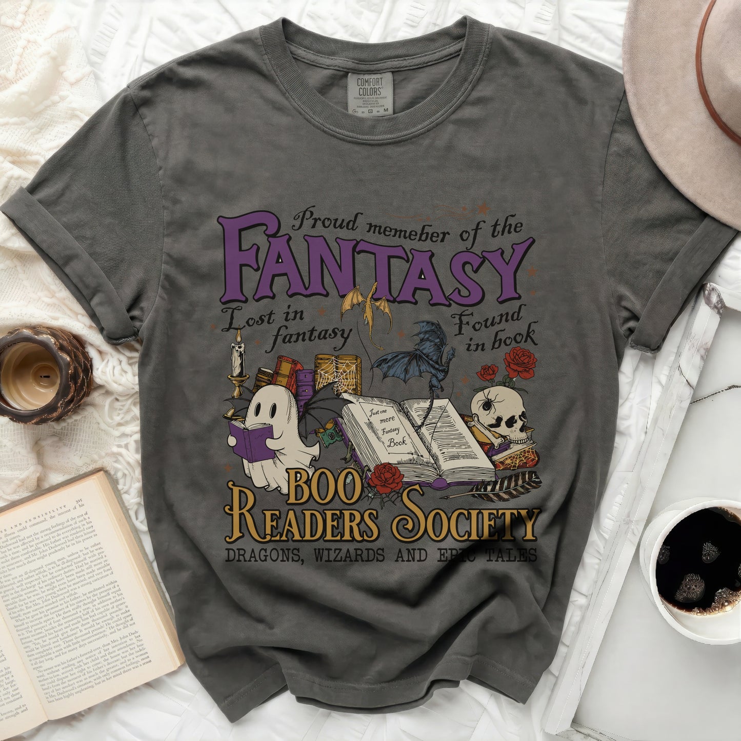 Grey t-shirt with "Proud member of the Fantasy Boo Readers Society" graphic.