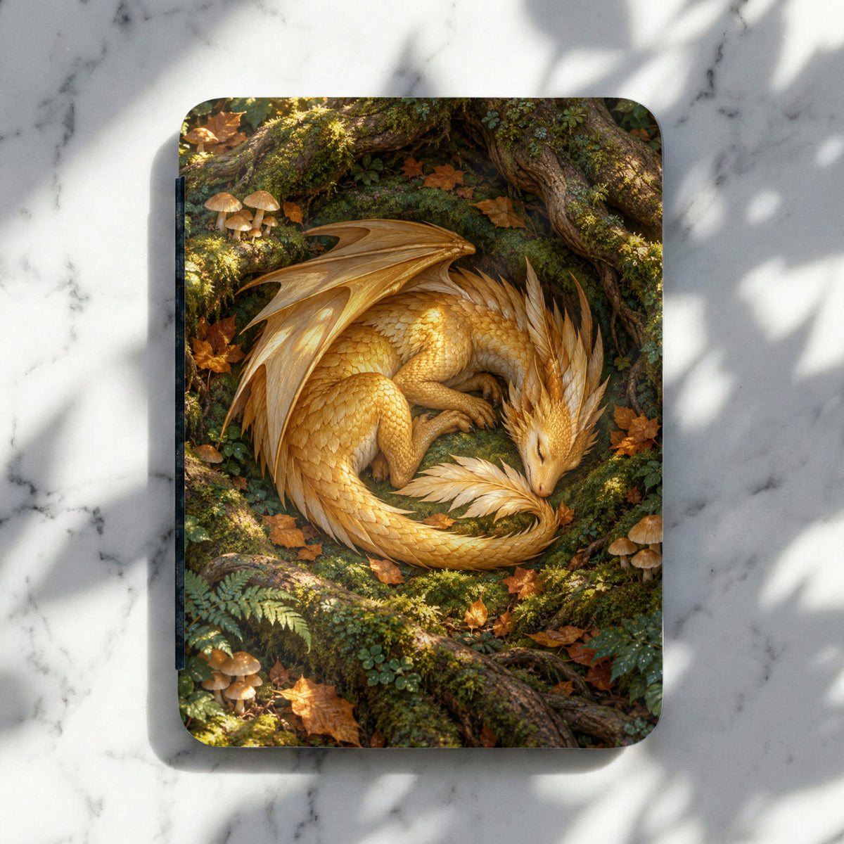 Golden dragon curled up sleeping amidst moss, mushrooms, and fallen leaves.