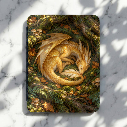 Golden dragon curled up sleeping amidst moss, mushrooms, and fallen leaves.