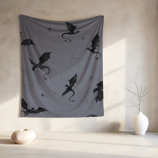 Dark gray tapestry with a black dragon and constellation pattern.