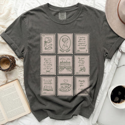 Dark grey t-shirt with nine framed illustrations resembling vintage postage stamps.