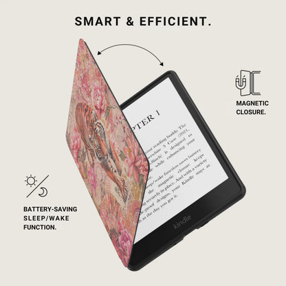 Kindle with floral case featuring a tiger, showing magnetic closure and battery-saving function.