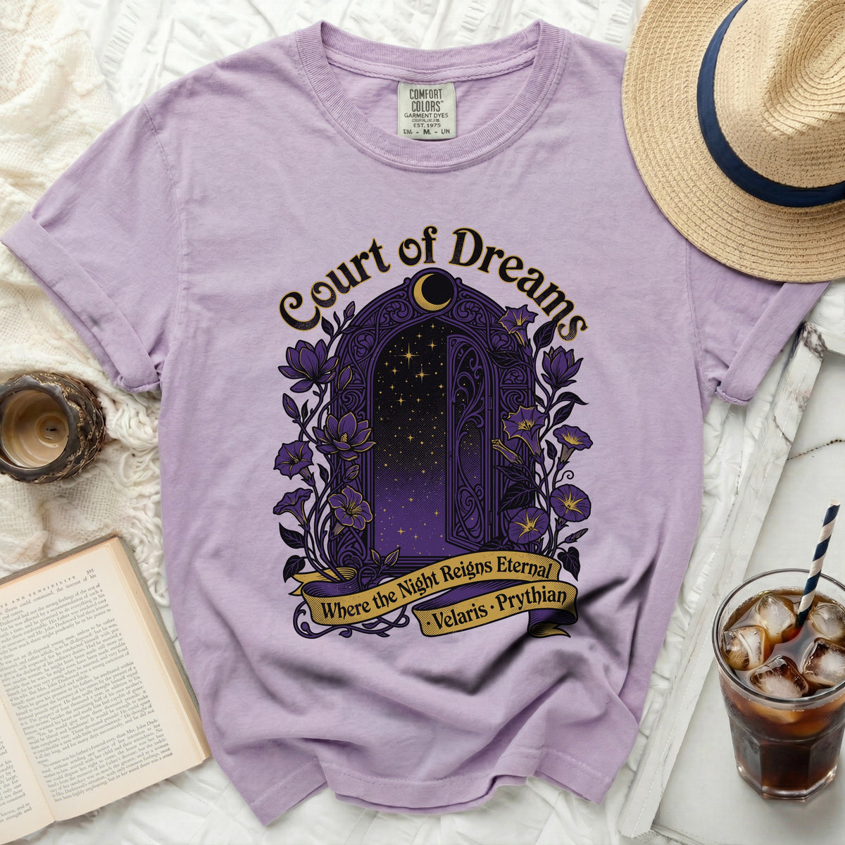 Court of Dreams t-shirt with starry gateway and floral motif.
