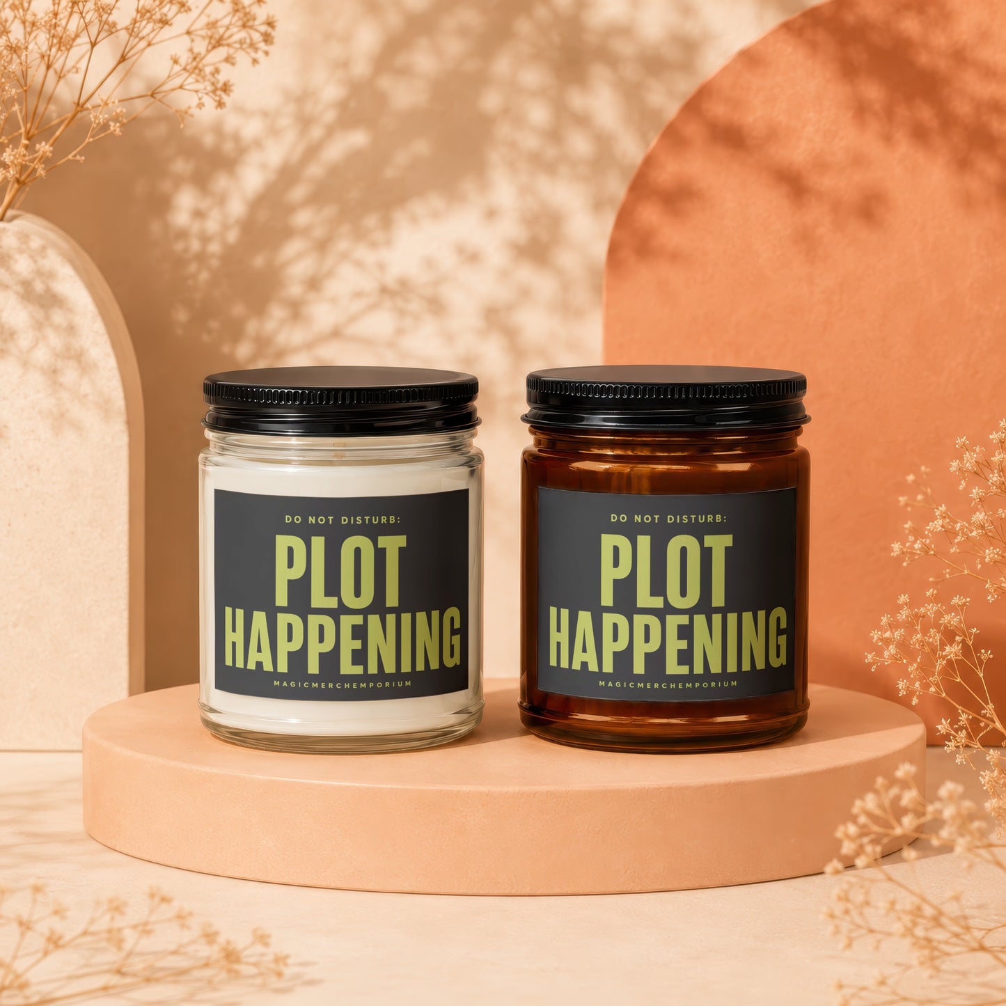 Two candles display labels reading "DO NOT DISTURB: PLOT HAPPENING".
