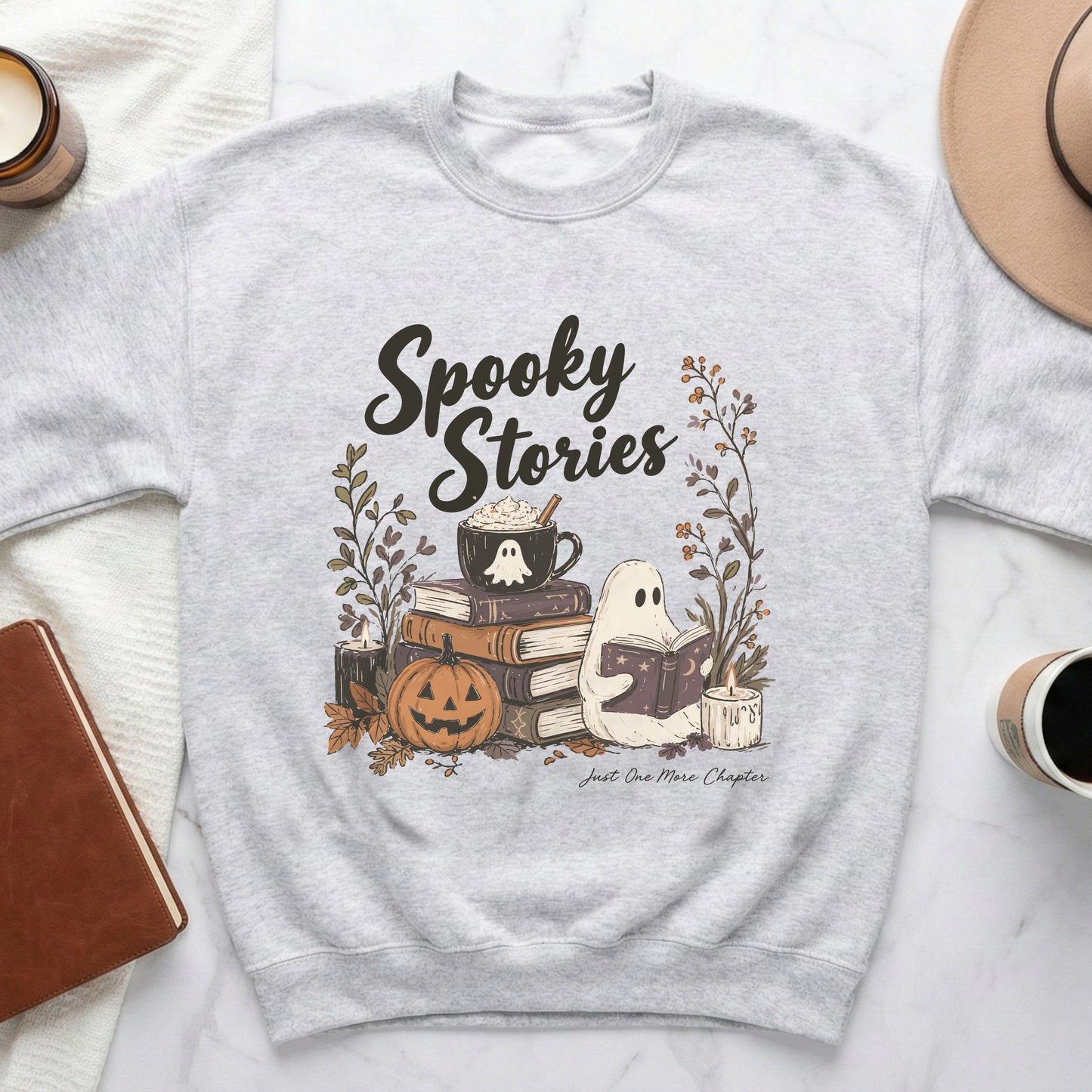 Light gray sweatshirt with "Spooky Stories" text and a ghost reading a book.