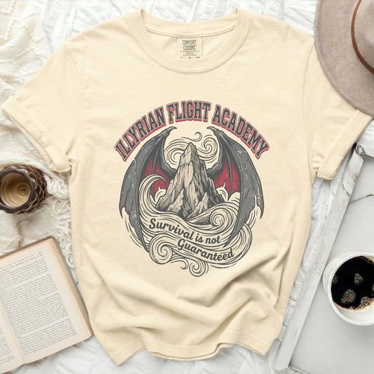 Ilyrian Flight Academy t-shirt with dragon wings and mountain graphic.