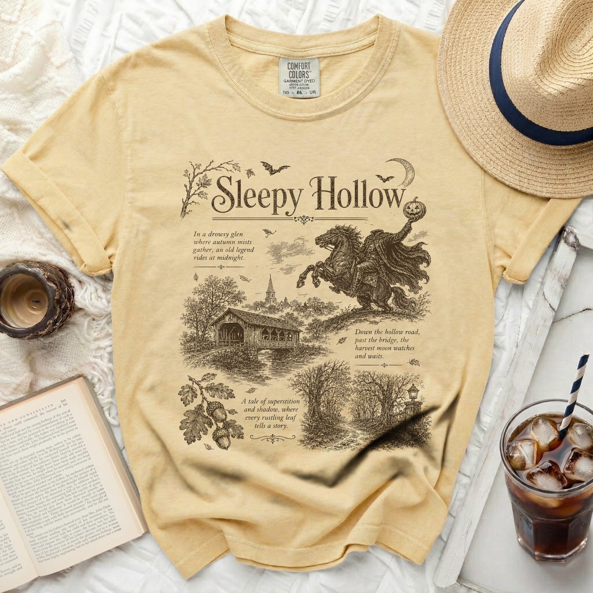 Yellow Comfort Colors t-shirt features a Sleepy Hollow graphic and text.