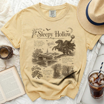 Yellow Comfort Colors t-shirt features a Sleepy Hollow graphic and text.