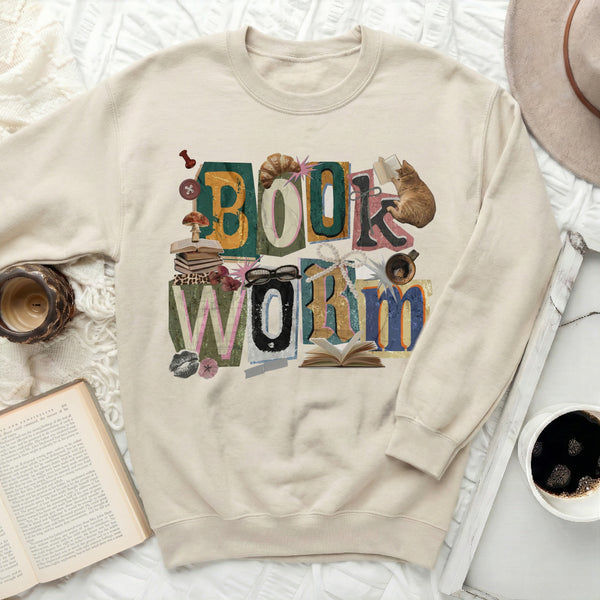 Book Worm Collage Sweatshirt in Sand
