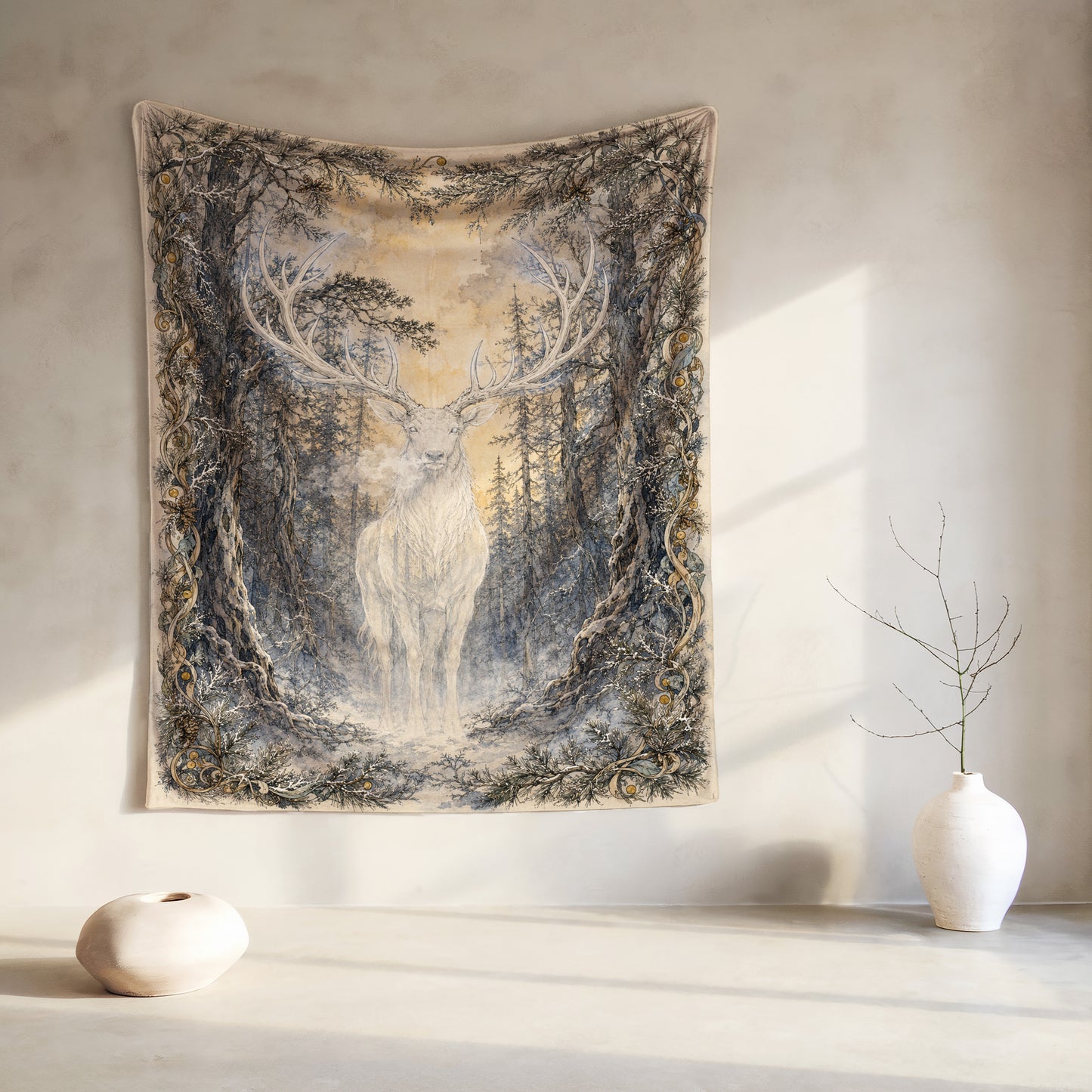 Tapestry depicts a white stag with large antlers in a snowy forest setting.