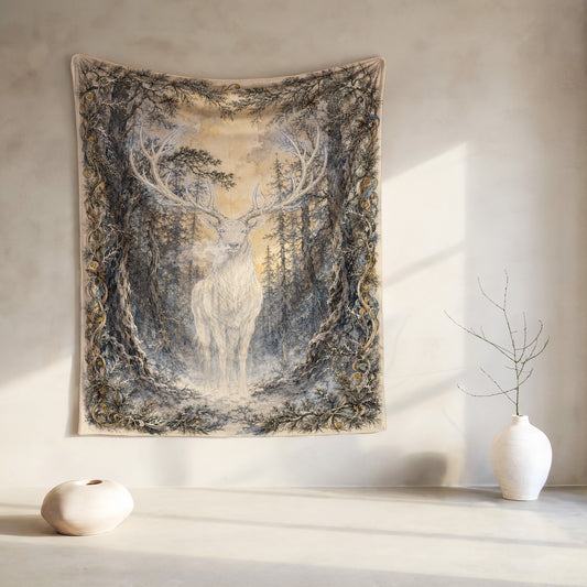 Tapestry depicts a white stag with large antlers in a snowy forest setting.