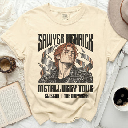 Sawyer Henrick Metallurgy Tour t-shirt with illustrated man and tour dates.