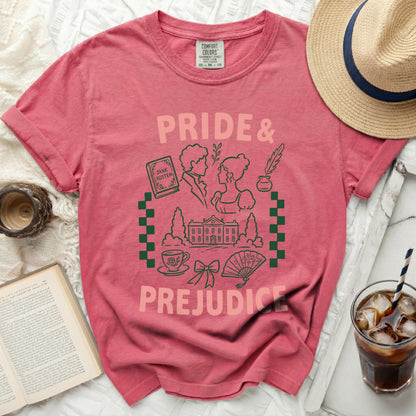 Pink t-shirt with "Pride & Prejudice" design featuring Jane Austen book.