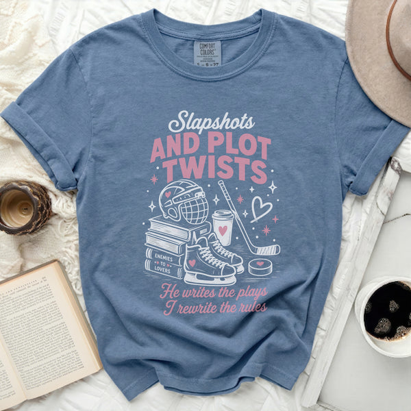 Slapshots & Plot Twists Tee in Blue Jean