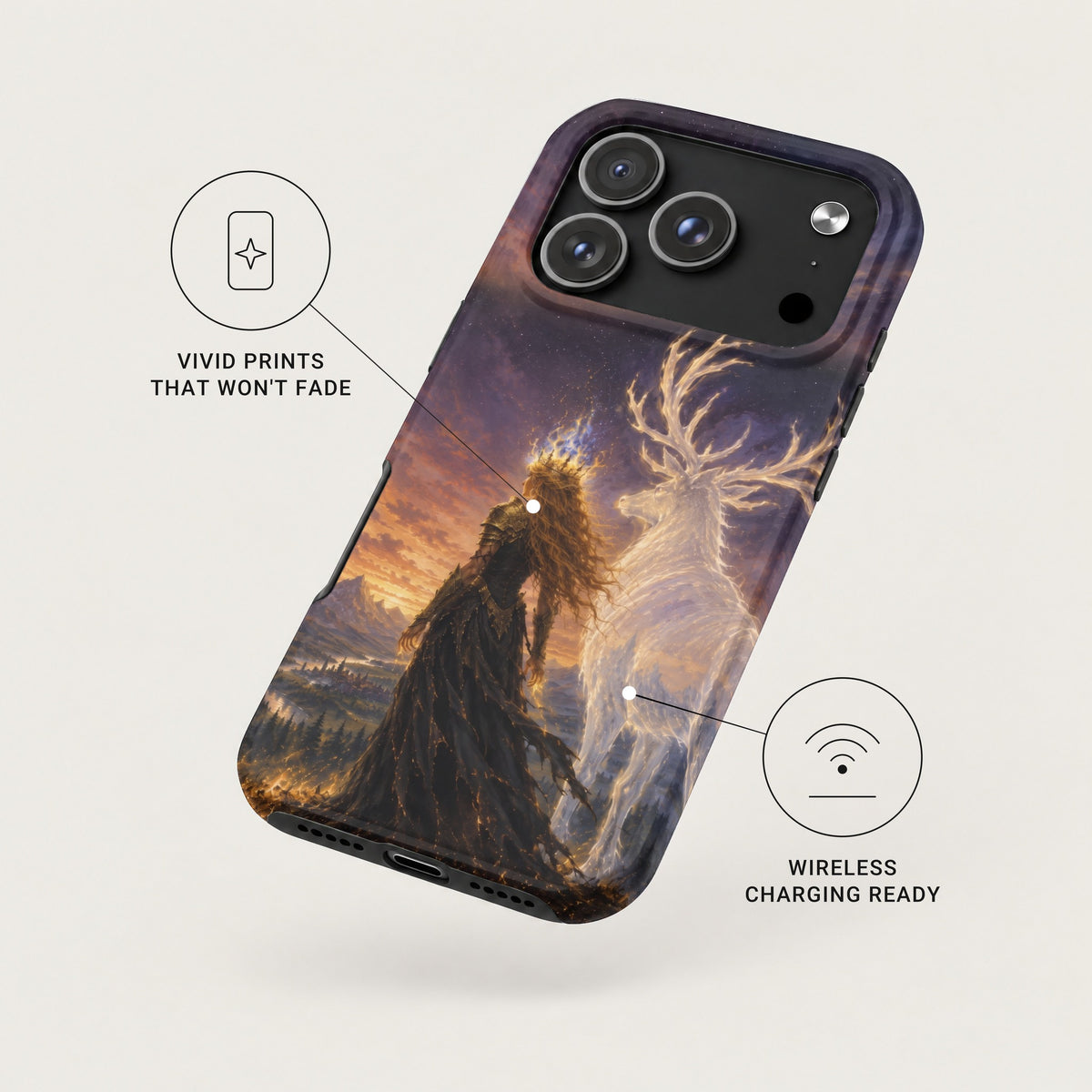 Angled view of a fantasy-themed smartphone case featuring a queen standing before a glowing stag, with feature callouts.