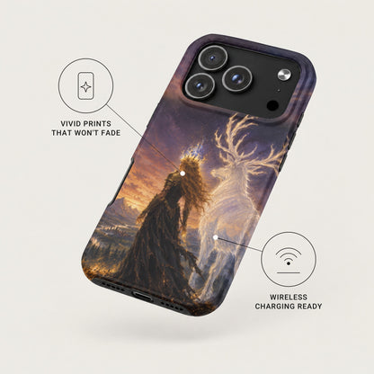 Angled view of a fantasy-themed smartphone case featuring a queen standing before a glowing stag, with feature callouts.